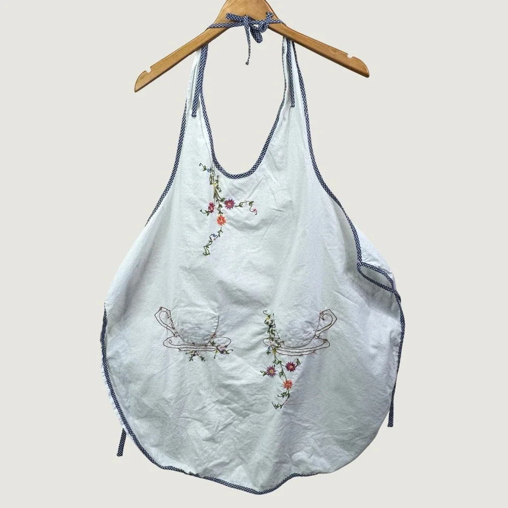 Unbranded Vintage Embroidered Teacup Apron OS White Cottagecore‎ Floral Retro